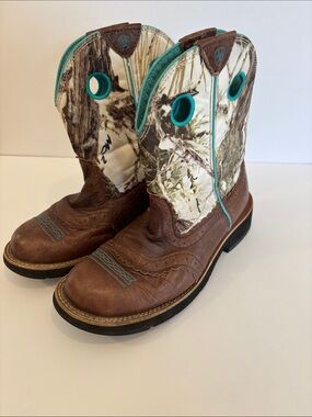 Ariat Brown Leather & Teal Accent Camo Western Ankle Boots